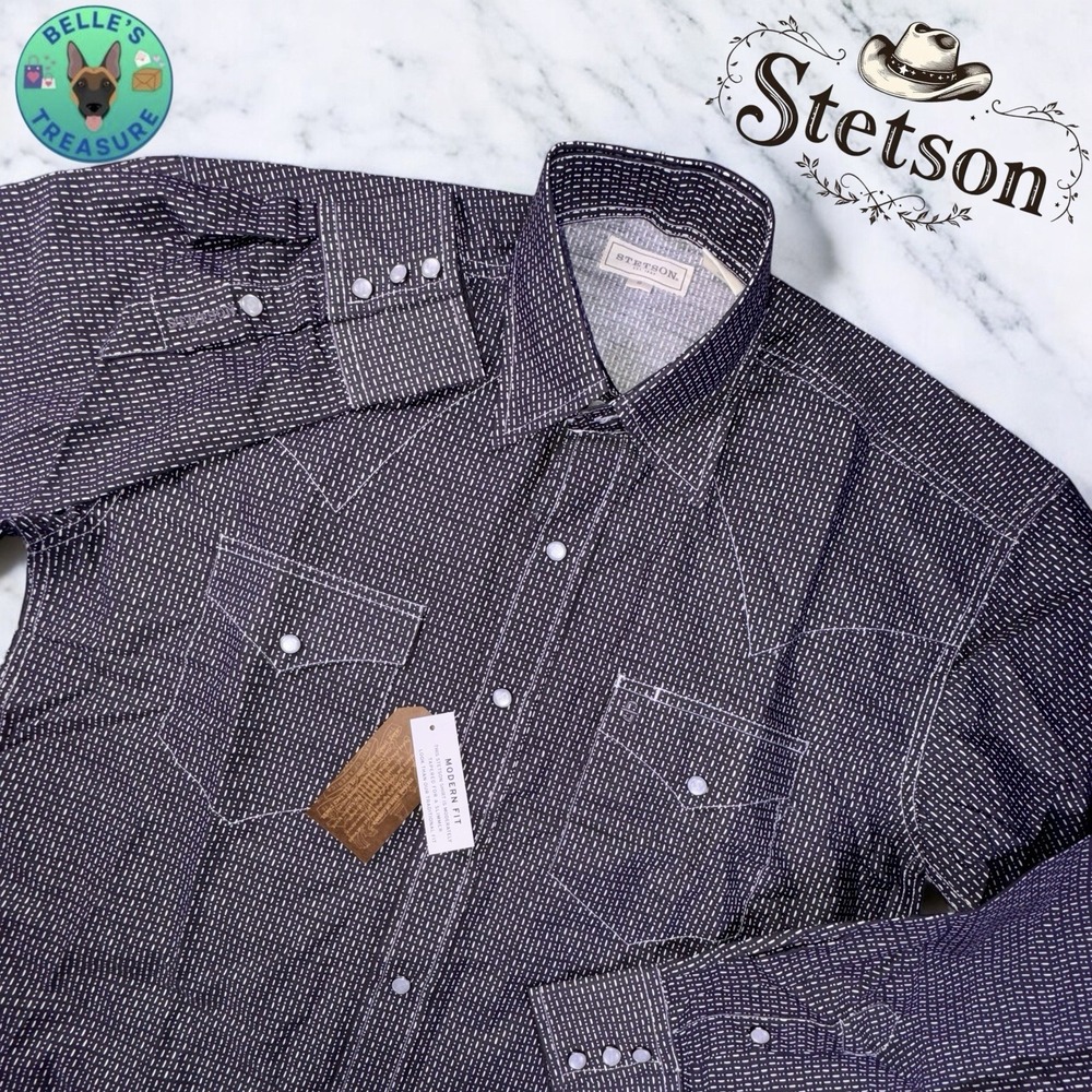 Stetson Shirt Mens Small Western Pearl Snap Double Pocket Modern Fit Button Up
